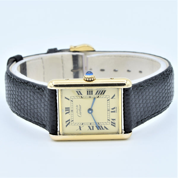 1990s Classic Cartier Quartz Tank with Roman Numerals Dial in 925 Silver Gilt Vermeil