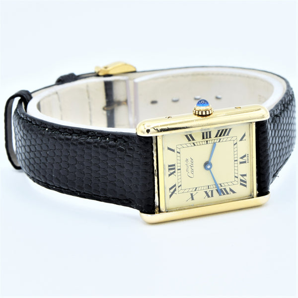 1990s Classic Cartier Quartz Tank with Roman Numerals Dial in 925 Silver Gilt Vermeil