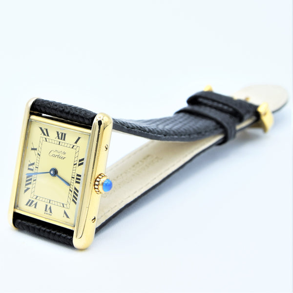 1990s Classic Cartier Quartz Tank with Roman Numerals Dial in 925 Silver Gilt Vermeil