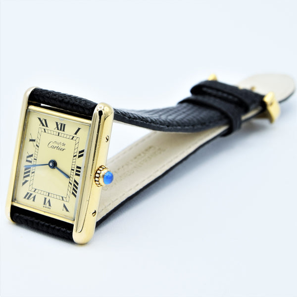 1990s Classic Cartier Quartz Tank with Roman Numerals Dial in 925 Silver Gilt Vermeil