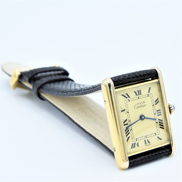 1990s Classic Cartier Quartz Tank with Roman Numerals Dial in 925 Silver Gilt Vermeil