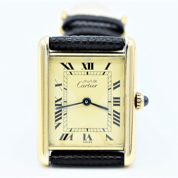 1990s Classic Cartier Quartz Tank with Roman Numerals Dial in 925 Silver Gilt Vermeil
