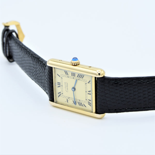 1990s Classic Cartier Quartz Tank with Roman Numerals Dial in 925 Silver Gilt Vermeil