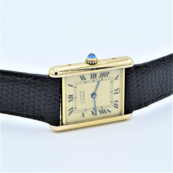 1990s Classic Cartier Quartz Tank with Roman Numerals Dial in 925 Silver Gilt Vermeil