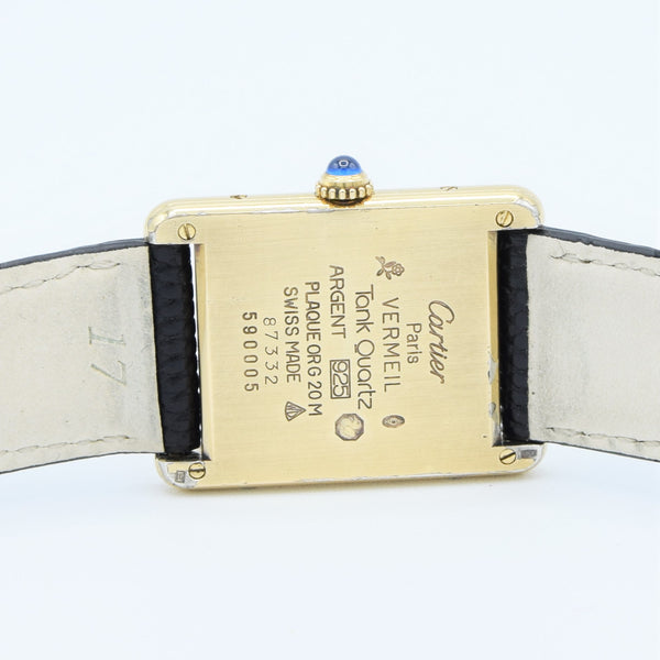 1990s Classic Cartier Quartz Tank with Roman Numerals Dial in 925 Silver Gilt Vermeil