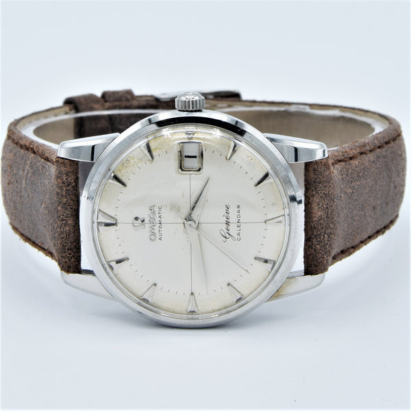 1959 Omega Rarer Geneve Calendar Automatic with Cross Hair Two Tone Dial and Central Seconds in Stainless Steel Model 2982