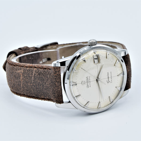 1959 Omega Rarer Geneve Calendar Automatic with Cross Hair Two Tone Dial and Central Seconds in Stainless Steel Model 2982