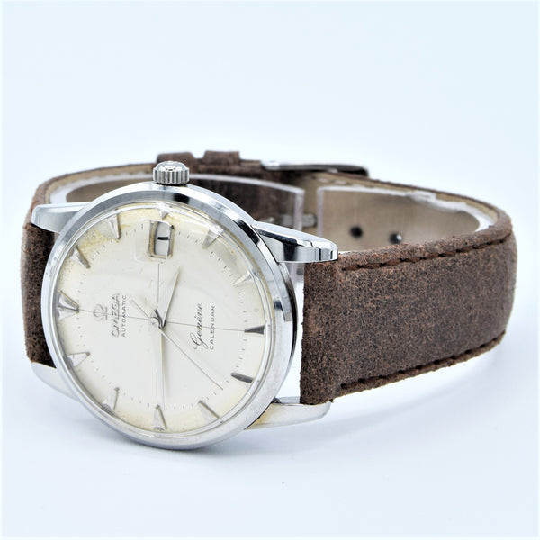 1959 Omega Rarer Geneve Calendar Automatic with Cross Hair Two Tone Dial and Central Seconds in Stainless Steel Model 2982