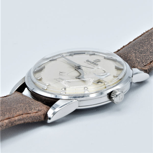 1959 Omega Rarer Geneve Calendar Automatic with Cross Hair Two Tone Dial and Central Seconds in Stainless Steel Model 2982
