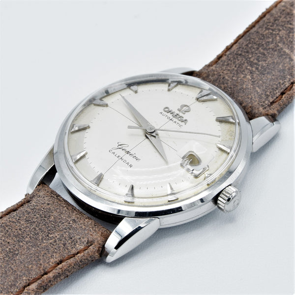 1959 Omega Rarer Geneve Calendar Automatic with Cross Hair Two Tone Dial and Central Seconds in Stainless Steel Model 2982