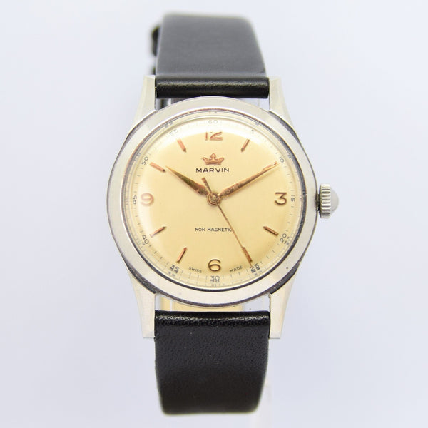 1960s Marvin Watch Company Switzerland Stainless Steel Wristwatch with Original Strap and Box