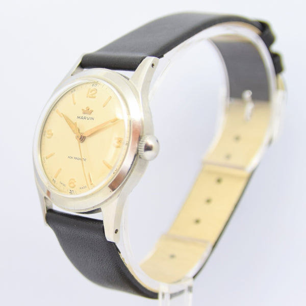 1960s Marvin Watch Company Switzerland Stainless Steel Wristwatch with Original Strap and Box