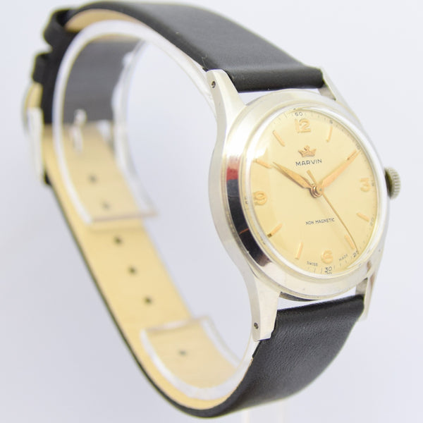 1960s Marvin Watch Company Switzerland Stainless Steel Wristwatch with Original Strap and Box