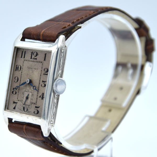 1930 Tavannes Cyma Rectangular Deco Tank Watch with Arabic Numerals in 925 Sterling Silver Case