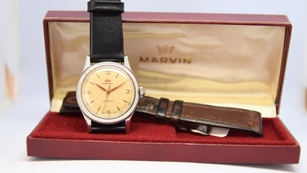 1960s Marvin Watch Company Switzerland Stainless Steel Wristwatch with Original Strap and Box