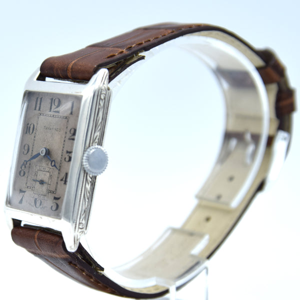 1930 Tavannes Cyma Rectangular Deco Tank Watch with Arabic Numerals in 925 Sterling Silver Case