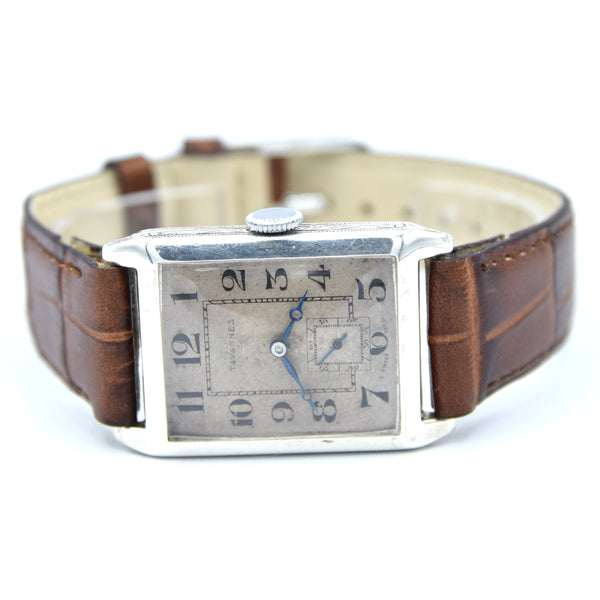 1930 Tavannes Cyma Rectangular Deco Tank Watch with Arabic Numerals in 925 Sterling Silver Case