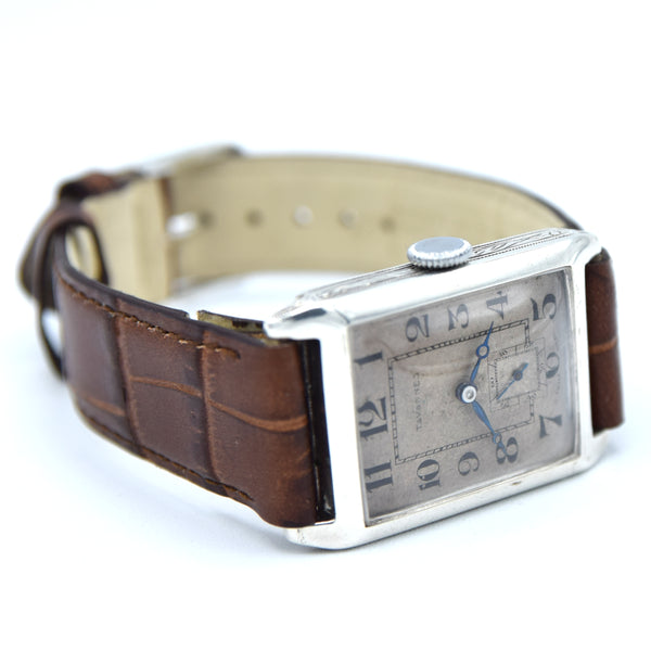 1930 Tavannes Cyma Rectangular Deco Tank Watch with Arabic Numerals in 925 Sterling Silver Case