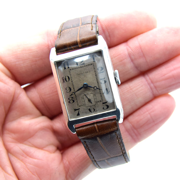 1930 Tavannes Cyma Rectangular Deco Tank Watch with Arabic Numerals in 925 Sterling Silver Case