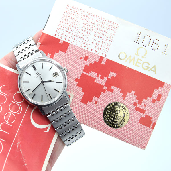 1980-81 Omega Manual Wind Date Dress Watch Model 136.0104 in Stainless Steel on Bracelet with Box and Papers