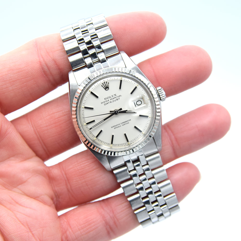 1971 Sharp Rolex Oyster Perpetual Datejust with White Gold Fluted Bezel Model 1601 in Stainless Steel on Jubilee Bracelet