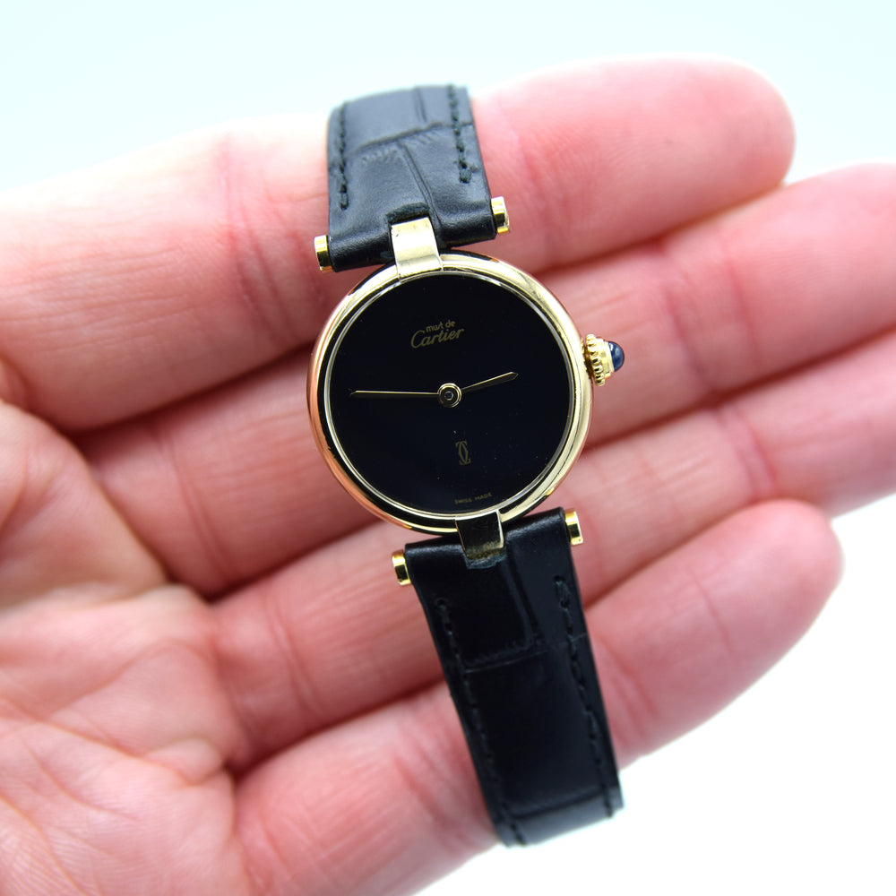 1990s Ladies Cartier 'Must de' Ronde with Black Dial and Vendôme Lugs in 925 Sterling Silver Gilt Vermeil Case