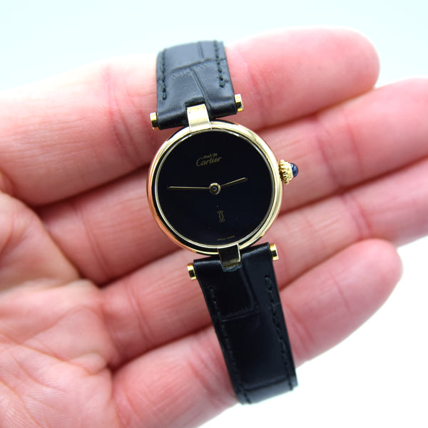 1990s Ladies Cartier 'Must de' Ronde with Black Dial and Vendôme Lugs in 925 Sterling Silver Gilt Vermeil Case