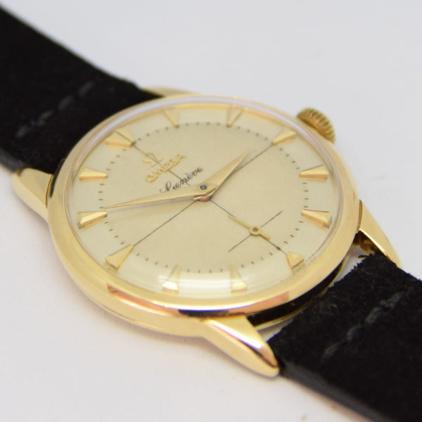 1956 Omega Geneve in Solid 9ct Gold with Original Two-Tone Dial & Arrowhead Batons