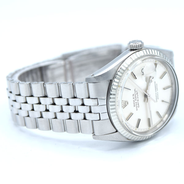 1971 Sharp Rolex Oyster Perpetual Datejust with White Gold Fluted Bezel Model 1601 in Stainless Steel on Jubilee Bracelet
