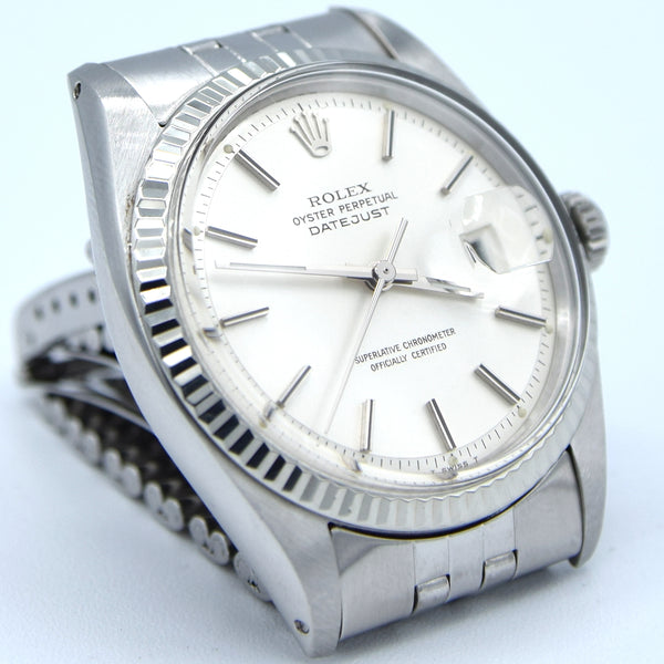 1971 Sharp Rolex Oyster Perpetual Datejust with White Gold Fluted Bezel Model 1601 in Stainless Steel on Jubilee Bracelet