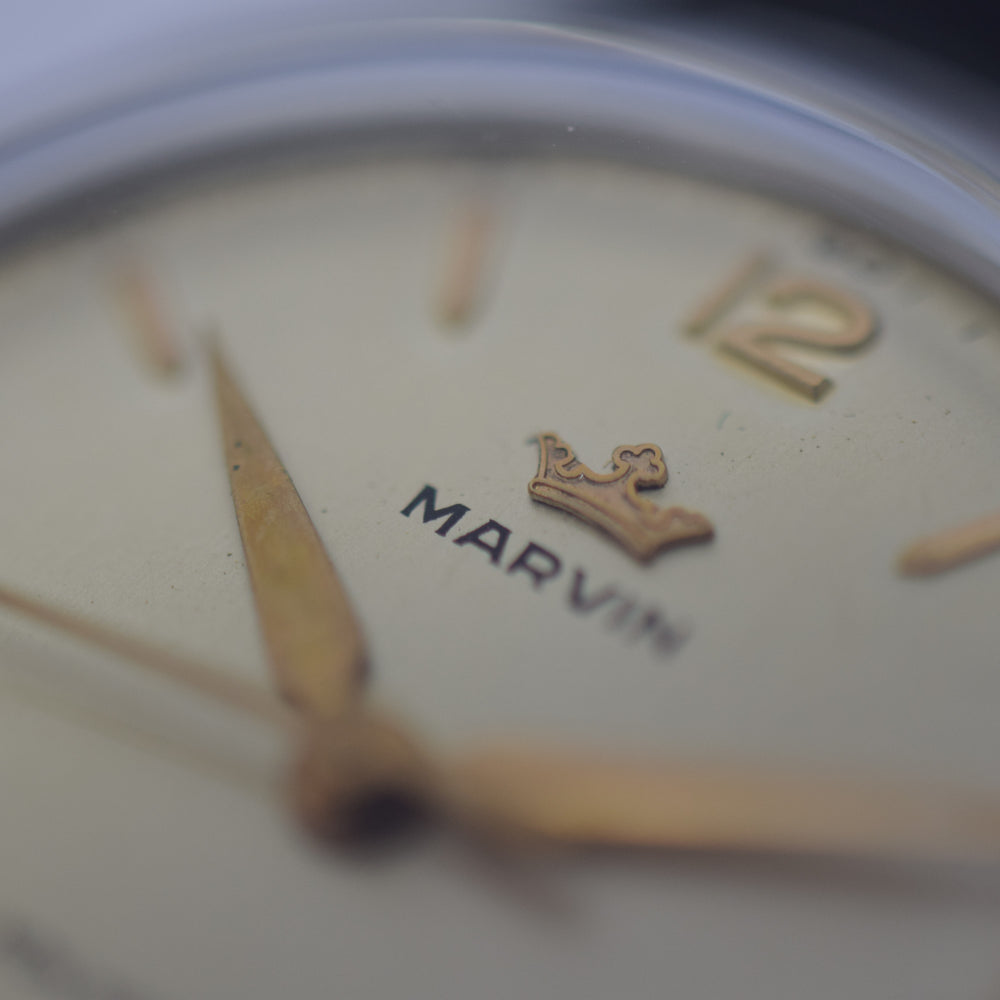 1960s Marvin Watch Company Switzerland Stainless Steel Wristwatch with Original Strap and Box