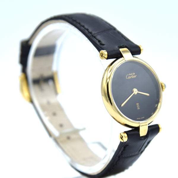 1990s Ladies Cartier 'Must de' Ronde with Black Dial and Vendôme Lugs in 925 Sterling Silver Gilt Vermeil Case