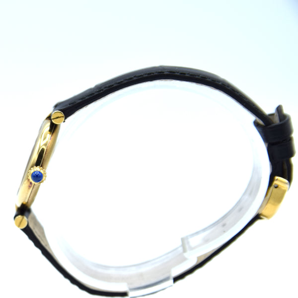 1990s Ladies Cartier 'Must de' Ronde with Black Dial and Vendôme Lugs in 925 Sterling Silver Gilt Vermeil Case