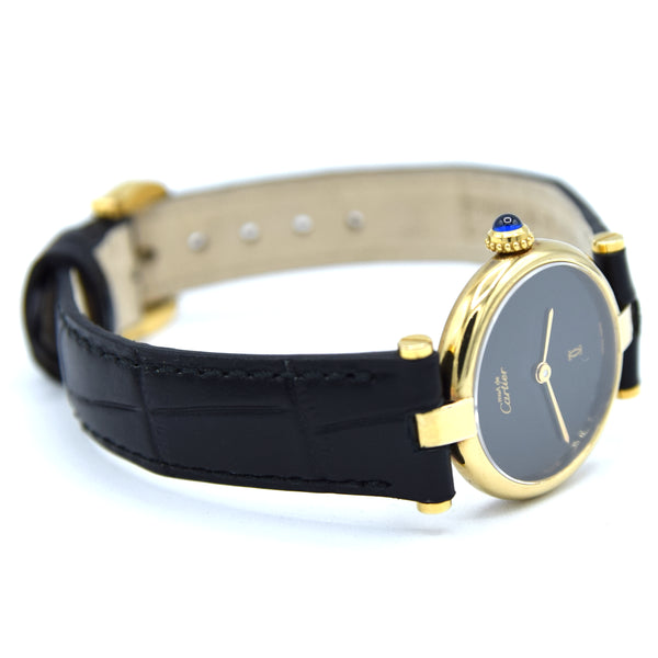 1990s Ladies Cartier 'Must de' Ronde with Black Dial and Vendôme Lugs in 925 Sterling Silver Gilt Vermeil Case
