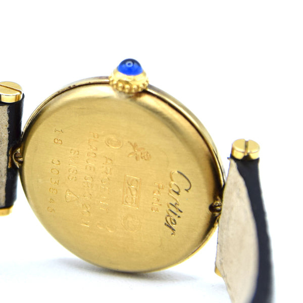 1990s Ladies Cartier 'Must de' Ronde with Black Dial and Vendôme Lugs in 925 Sterling Silver Gilt Vermeil Case