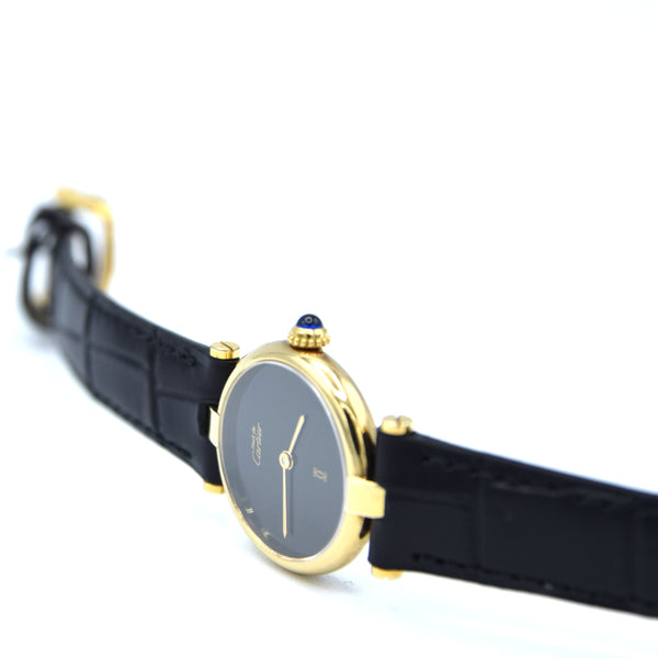 1990s Ladies Cartier 'Must de' Ronde with Black Dial and Vendôme Lugs in 925 Sterling Silver Gilt Vermeil Case