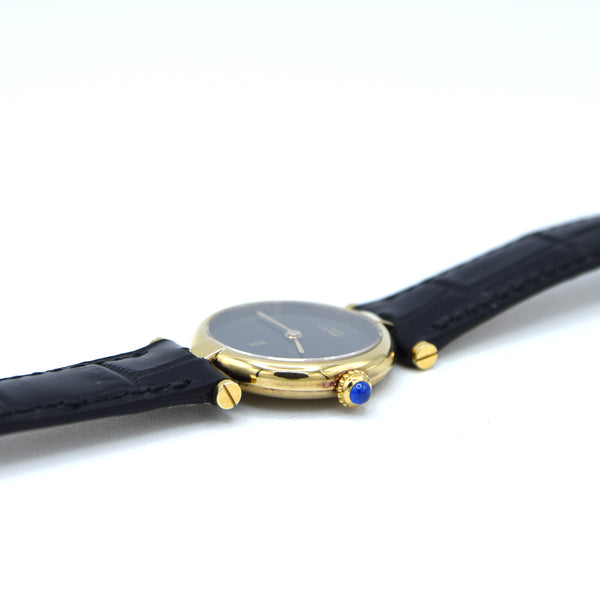 1990s Ladies Cartier 'Must de' Ronde with Black Dial and Vendôme Lugs in 925 Sterling Silver Gilt Vermeil Case