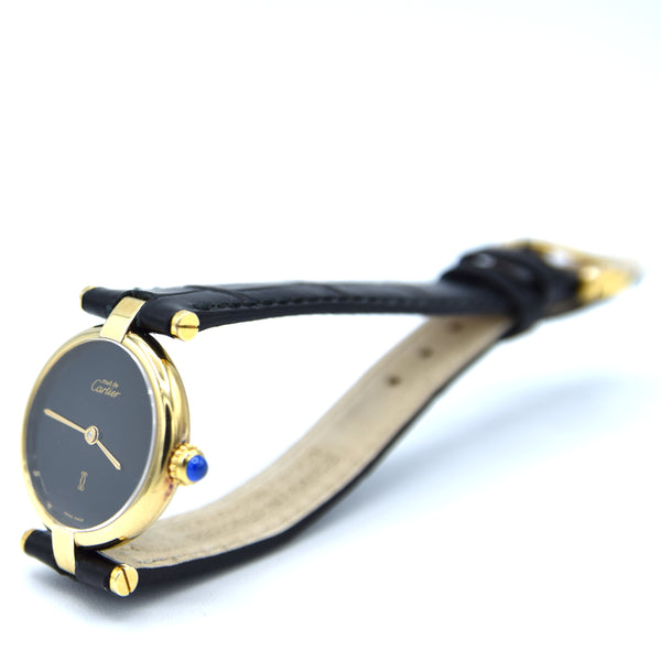 1990s Ladies Cartier 'Must de' Ronde with Black Dial and Vendôme Lugs in 925 Sterling Silver Gilt Vermeil Case