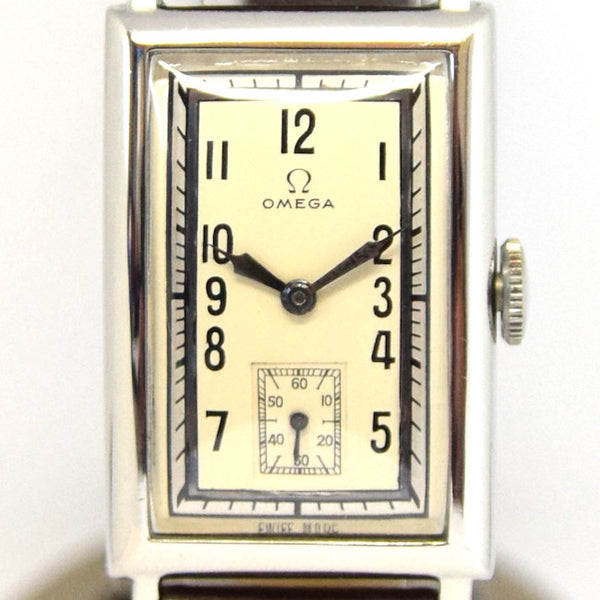 1930s Omega with a Stunning Two Tone Dial Cal T17 in Rectangular Deco-Style Wristwatch in Staybrite Steel Case