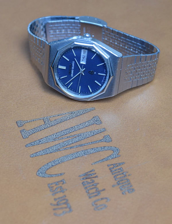 1975 Seiko Grand Quartz Day / Date electric blue parallel dial model rare 4843-7000