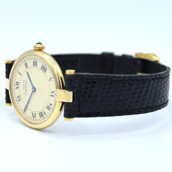 1990s Cartier 'Must de' Unisex Ronde with Roman Numeral Ivory Dial and Vendôme Lugs in 925 Sterling Silver Gilt Vermeil Case