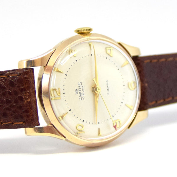 1957 Smiths De Luxe All English 9ct Gold Dress Wristwatch with Arabic Numerals in Mint Condition