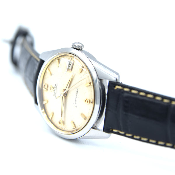 1959 Omega Seamaster Automatic Date Wristwatch Model 14710 with Original Off-White Dial in Stainless Steel