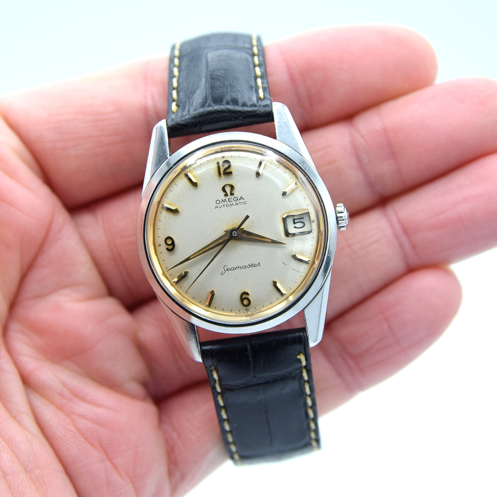 1959 Omega Seamaster Automatic Date Wristwatch Model 14710 with Original Off-White Dial in Stainless Steel
