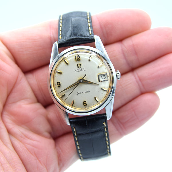 1959 Omega Seamaster Automatic Date Wristwatch Model 14710 with Original Off-White Dial in Stainless Steel