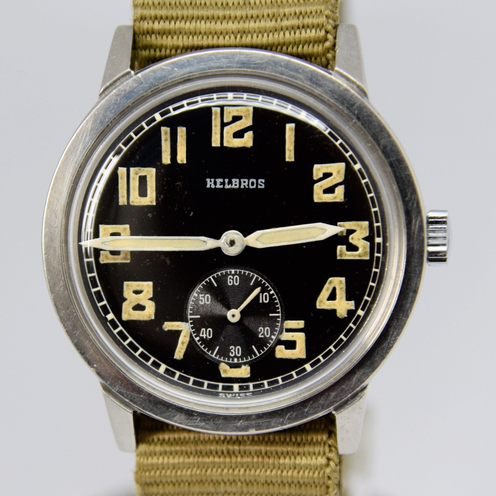 1940s Helbros Rare Military Style Wristwatch with Original Propaganda Box Helvetia Cal 82a