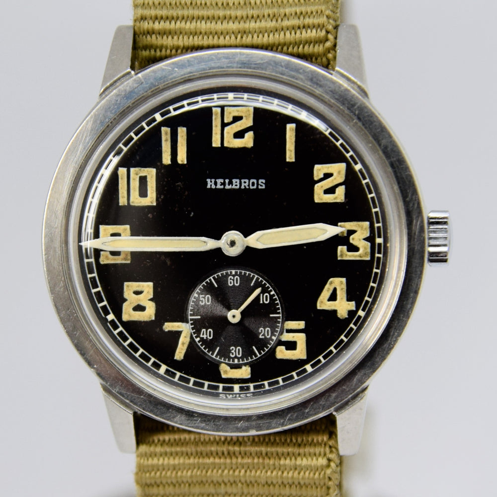 1940s Helbros Rare Military Style Wristwatch with Original Propaganda Box Helvetia Cal 82a