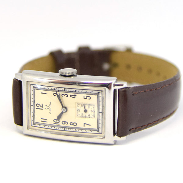 1930s Omega with a Stunning Two Tone Dial Cal T17 in Rectangular Deco-Style Wristwatch in Staybrite Steel Case