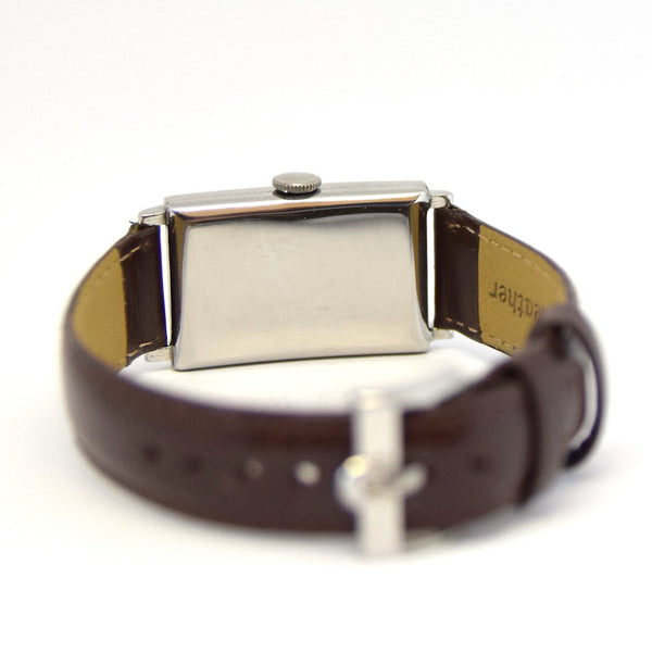 1930s Omega with a Stunning Two Tone Dial Cal T17 in Rectangular Deco-Style Wristwatch in Staybrite Steel Case