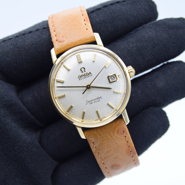 1963 Omega Automatic Seamaster De Ville Date Model 166.5020 in Solid 18ct Gold with Linen Dial with Box